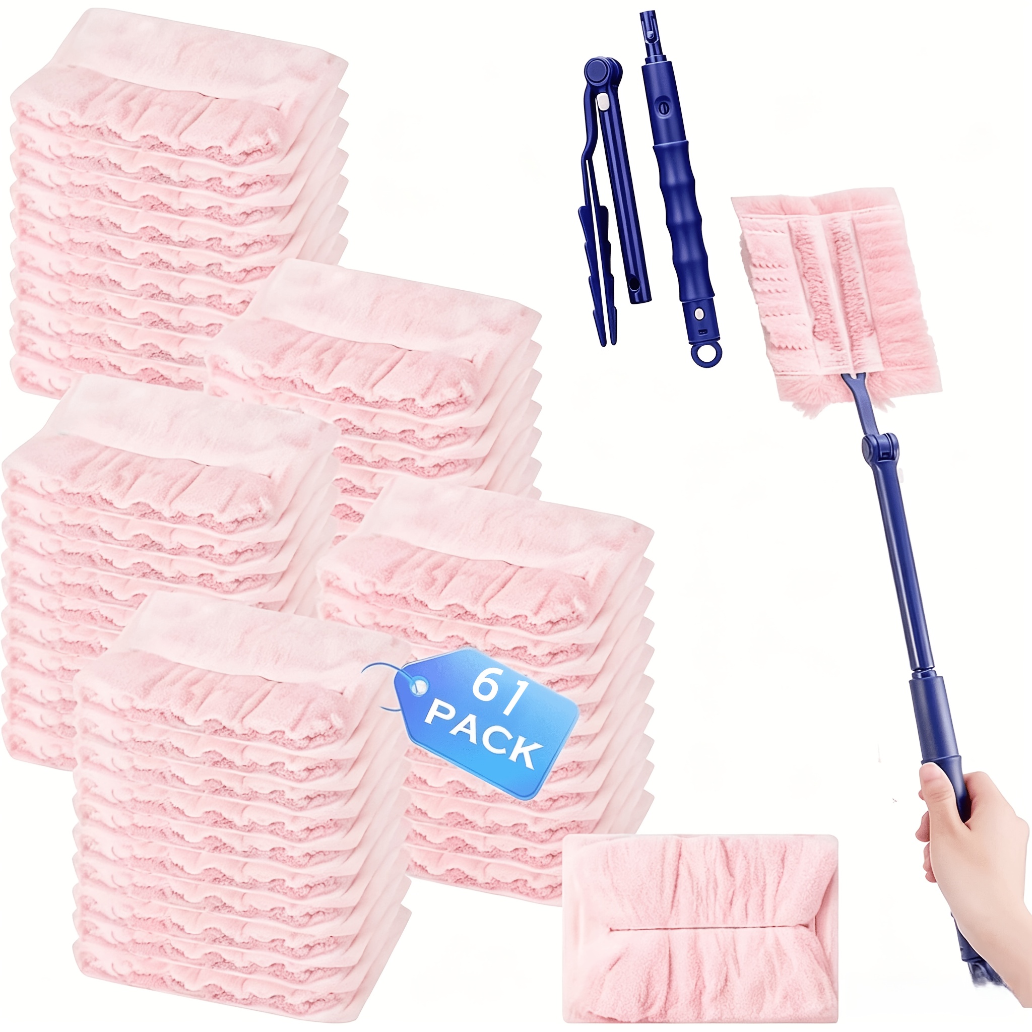 TEMU 60pcs Pink Dusting Cloth Replacement Set, With 1 Retractable Handle, Suitable For Dusting Dusters, Removing Pet Hair, Cleaning Dirt, Keyboards,