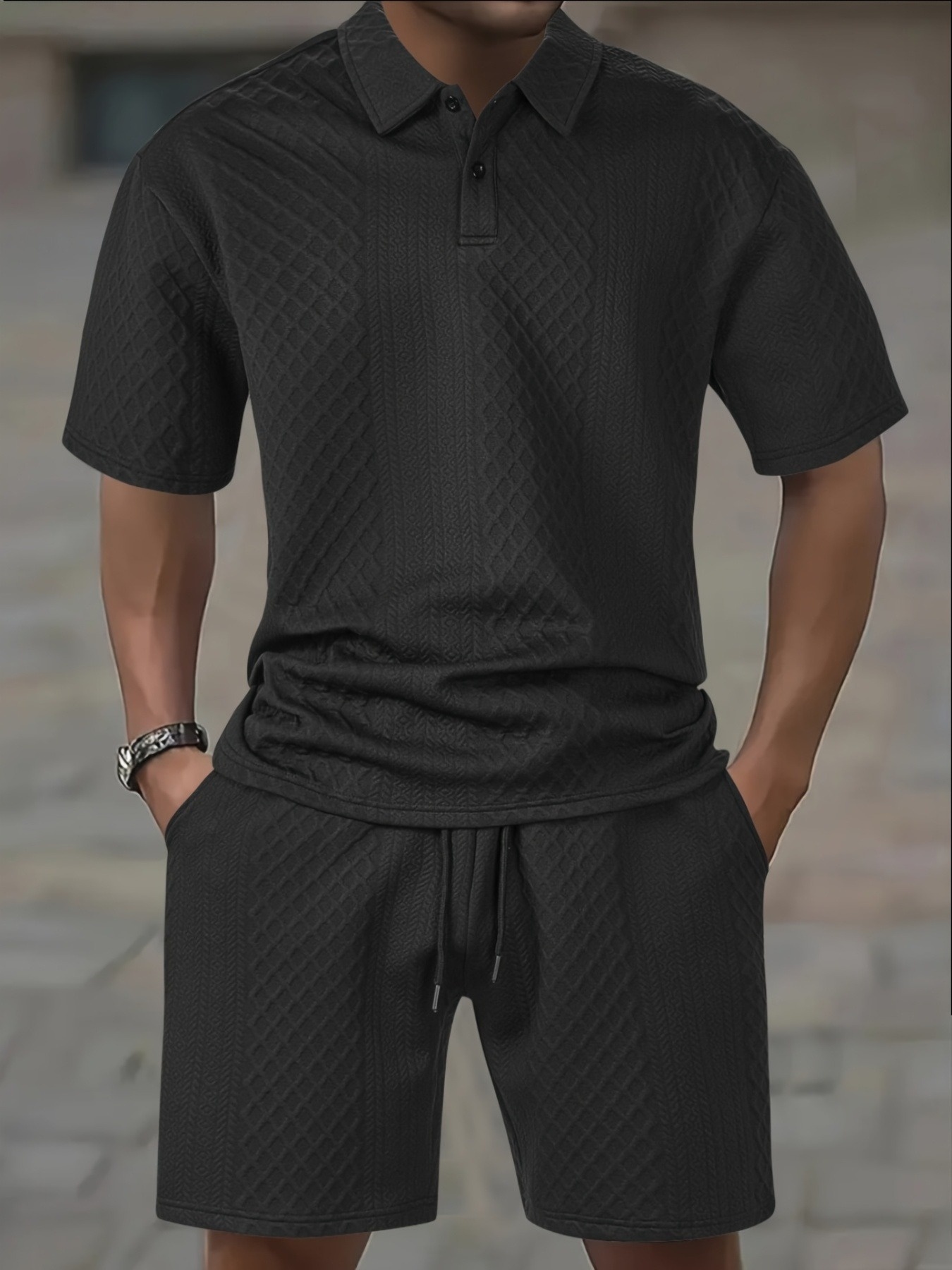 Men'S 2pcs Set: White Short Sleeve Button-Up Shirt & Drawstring Shorts - Breathable Jacquard Fabric, Loose Fit Casual Summer Outfit for Casual Attire, Everyday Clothing, Classic Collar Design, Comfortable Fit
