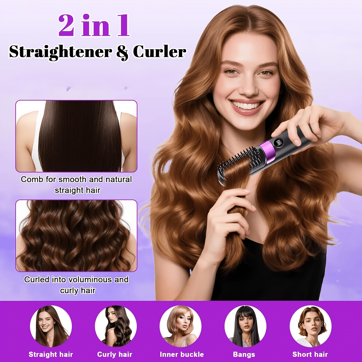 2 in 1 hair straightener brush curling iron straightening comb for all hair types fast heating led display auto shut off anti   usb rechargeable portable travel hair styler ideal gift for women