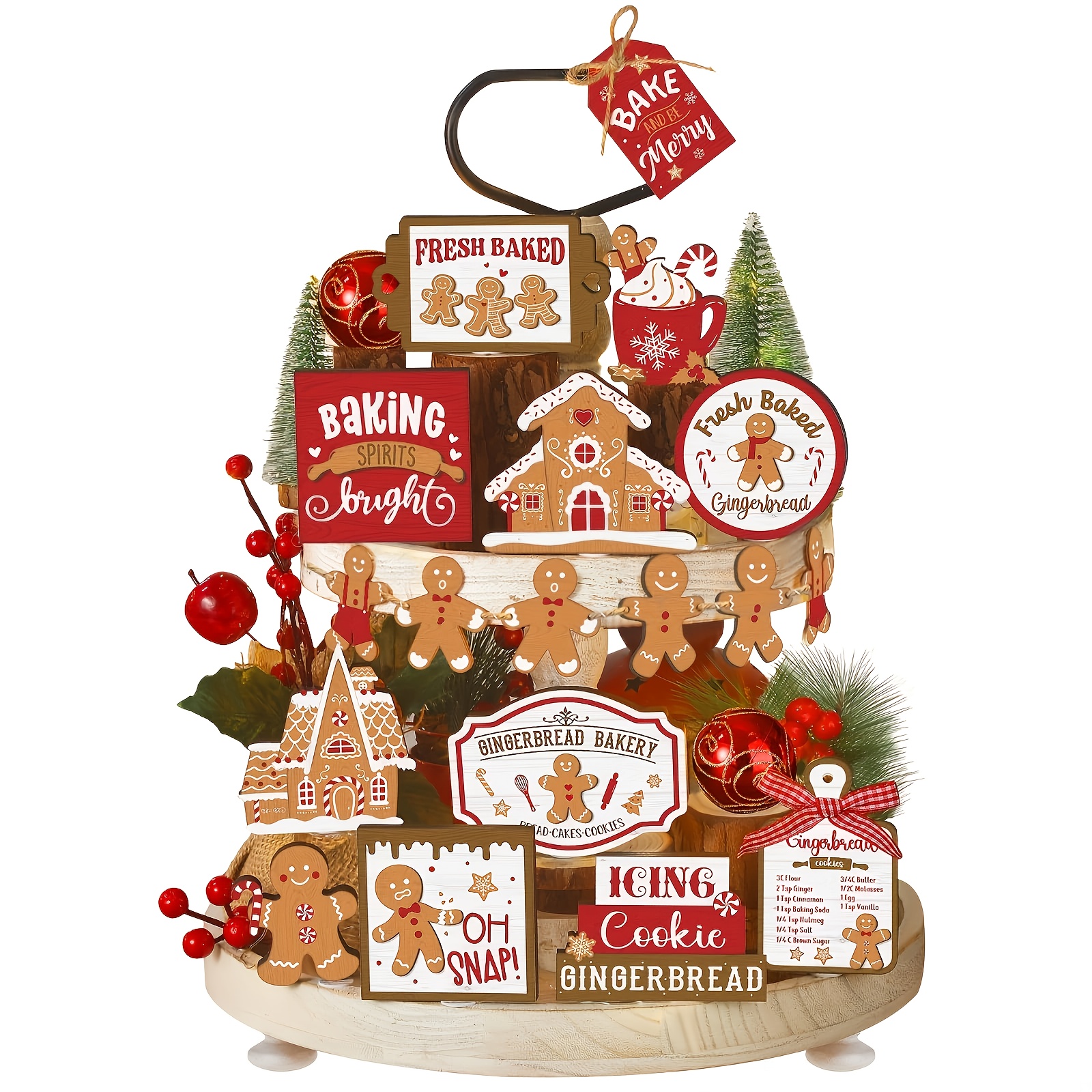TEMU 18 Decorative Items For A Tiered Tray Themed For Christmas, Featuring Rustic Wooden Snowflakes. Farmhouse-style Decorations Are Perfect For