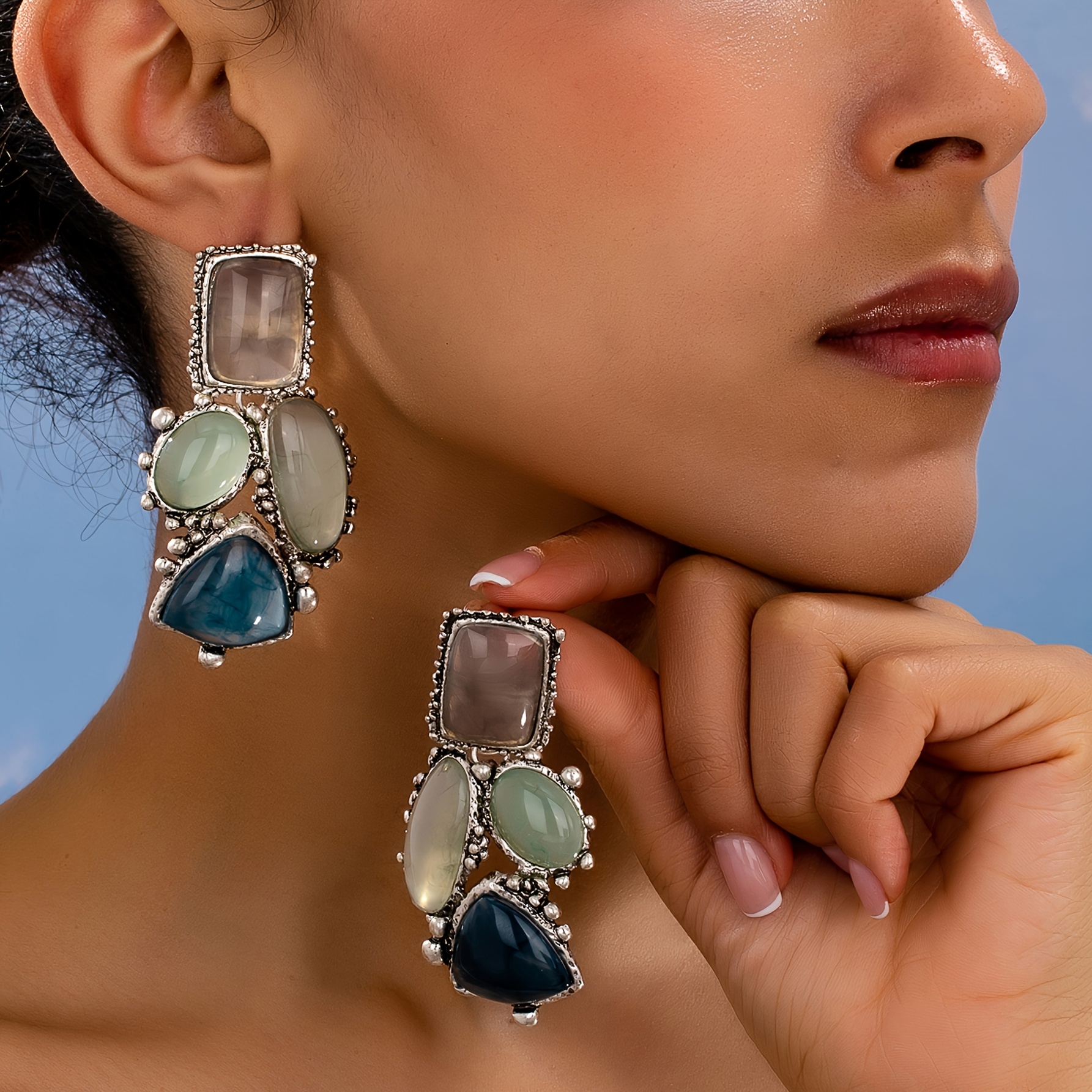 Image of A Pair Of Bohemian Style Fashionable Multicolor Irregular Geometric Square Oval Triangle Drop Earrings, Exquisite Jewelry For Daily Wear And Gift