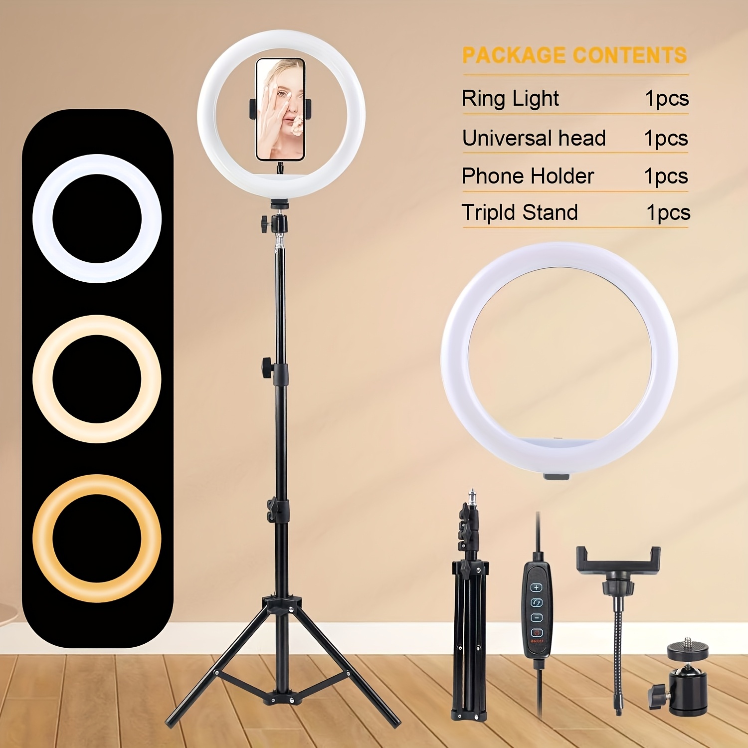 Ring LED de 10 pulgadas con trípode ajustable de 43 pulgadas, 3 modos de color y brillo...