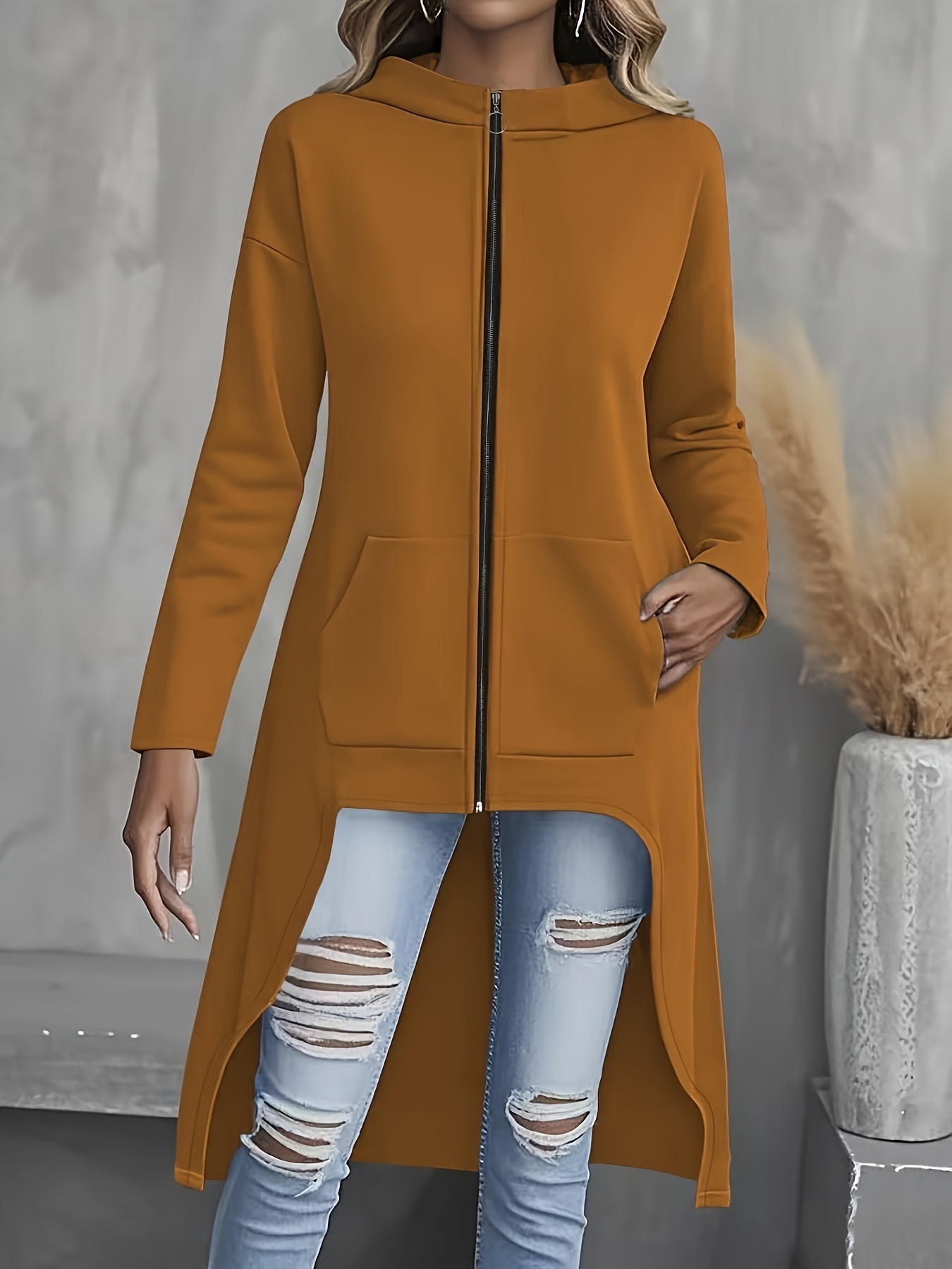 Womens Casual Red Hooded Sweatshirt Asymmetrical Hem Long