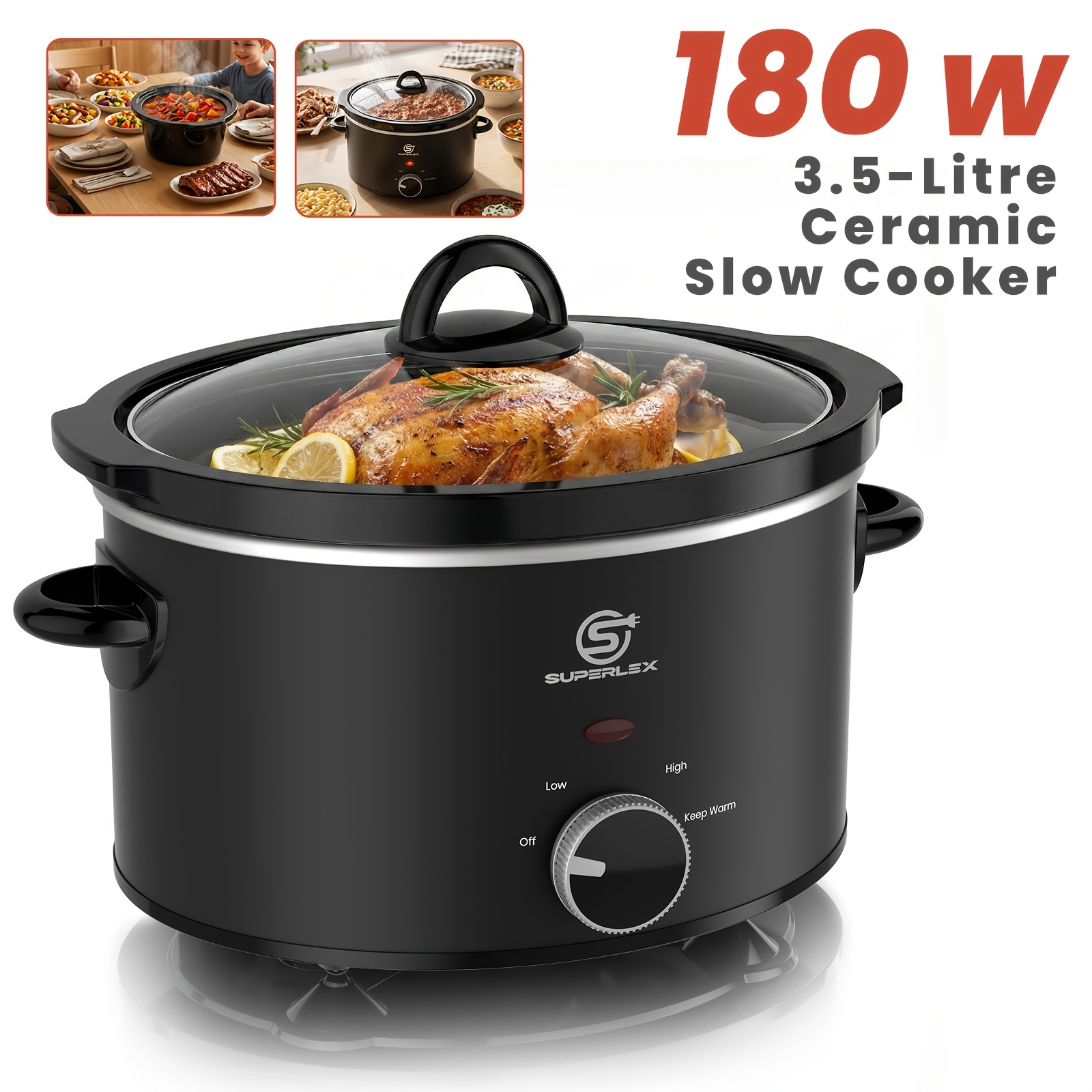 Image of Superlex 3.5l Ceramic Slow Cooker With Settings, Food-grade Non-toxic Inner Pot, Energy-efficient 180w, Perfect For Serving 3-4, Black, Dishwasher Safe