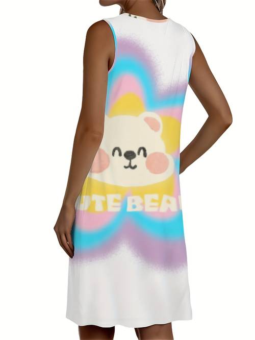 womens cute bear graphic print sleeveless dress soft breathable length casual dress with round neck machine washable medium fabric