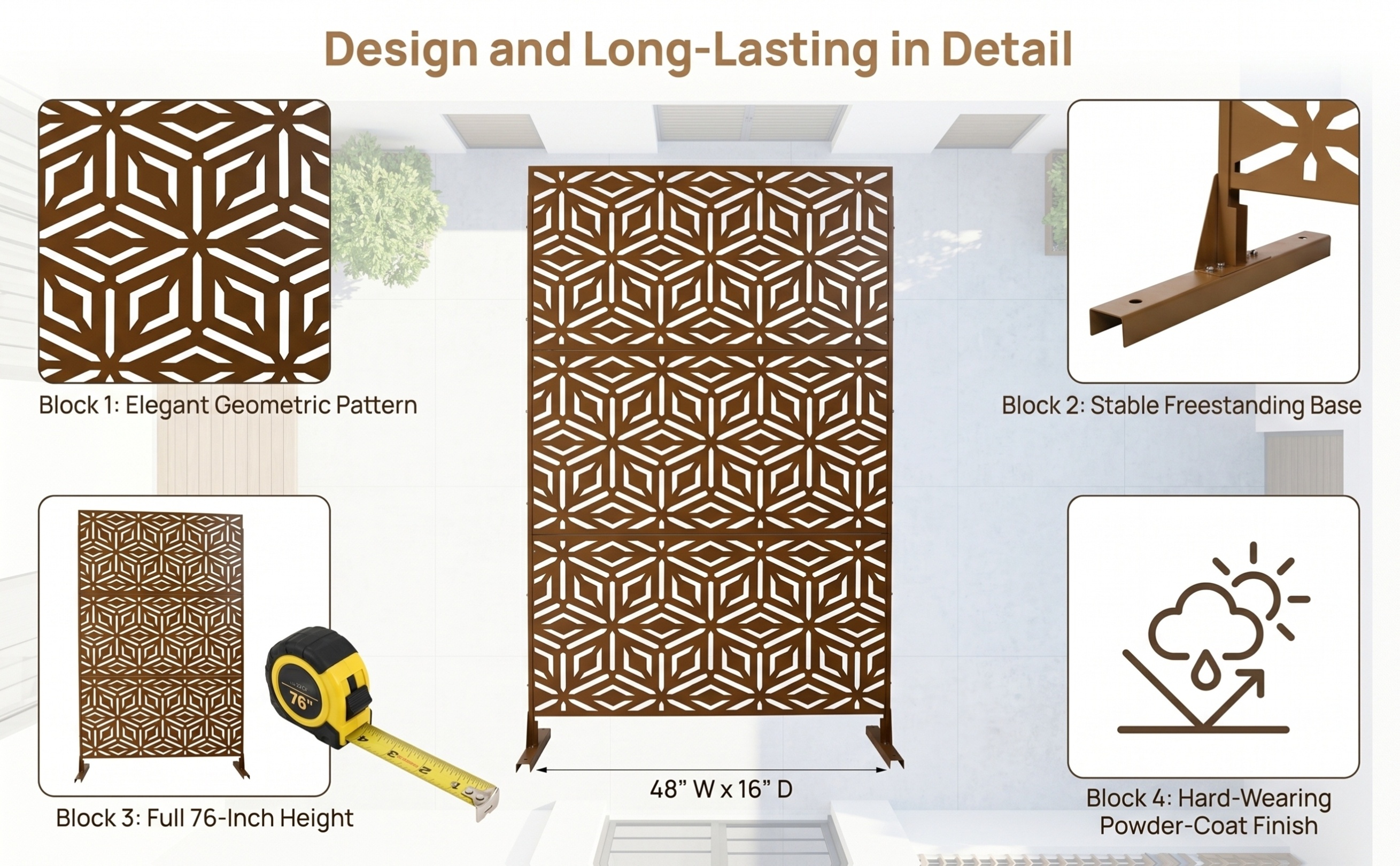 Walnut Brown Metal Privacy Screen 76