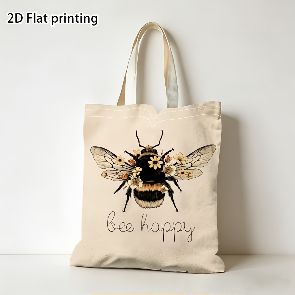 TEMU 2d Flat, 1pc, Women' Happy Tote Bag, Bees And Floral Open , Lightweight Beach Bag For Everyday, Shopping, Travel, Print Purse In Beige/khaki,