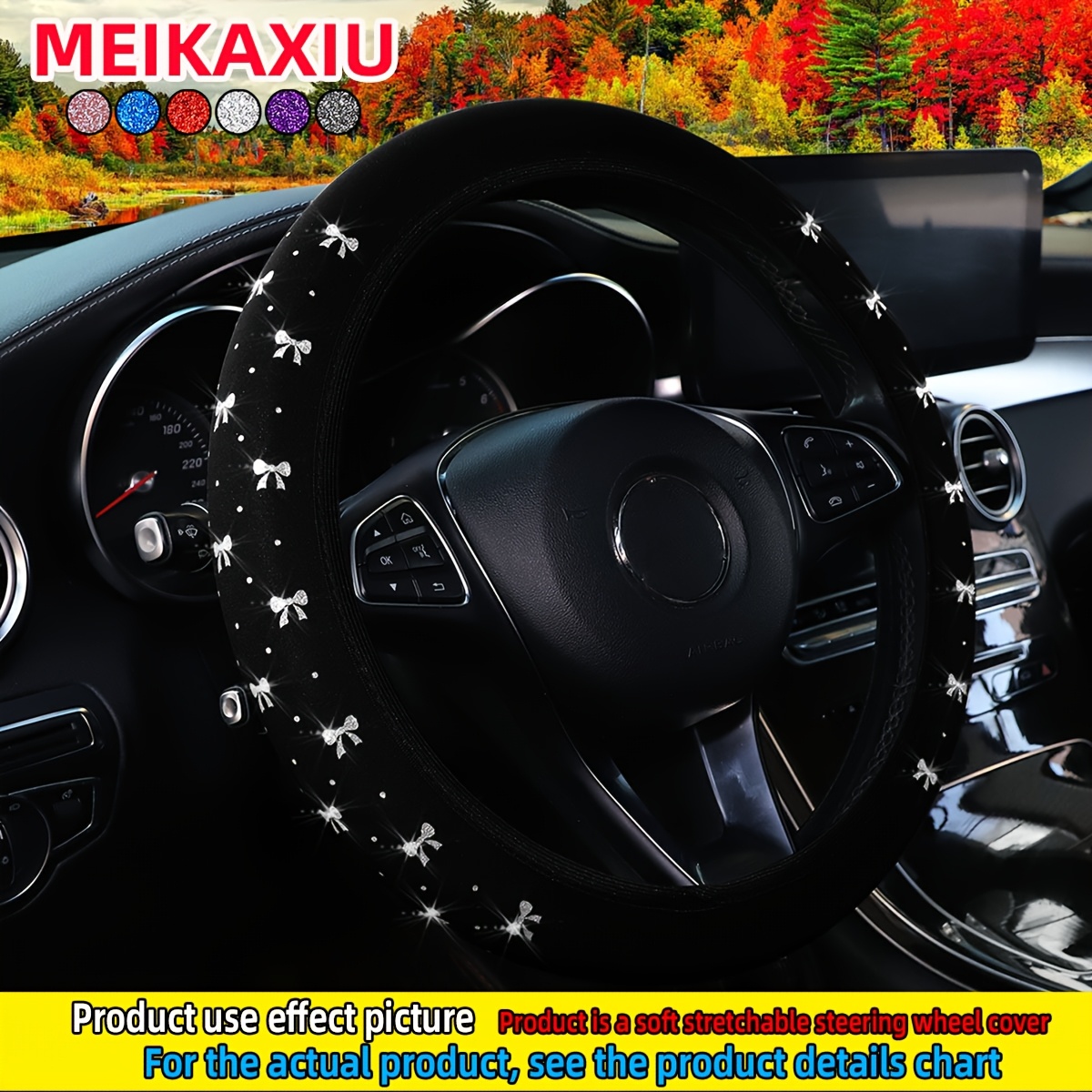 TEMU 1pc Women's Cute Bling Bling Shiny Bow Steering Wheel Cover. Made Of Stretchable Neoprene Fabric With A No Design, This Car Interior Accessory