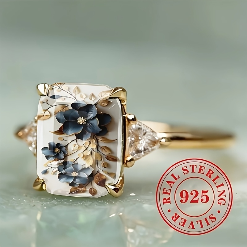 TEMU Bague de décoration florale rectangulaire en métal, bague de fiançailles pour femme avec latérale triangulaire, cadeau de demande en mariage