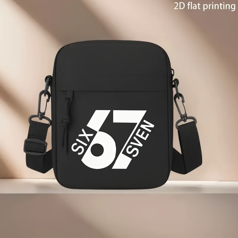 TEMU Number "67" Meme Creative Pattern Print Oxford Crossbody Bag, With Adjustable Shoulder Strap, Zipper Closure, Lining - Black, Featuring Number