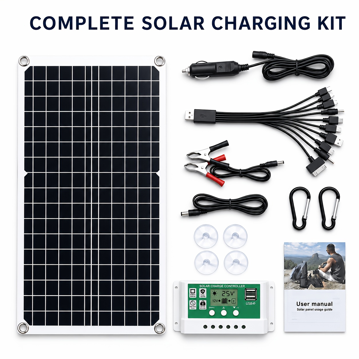 TEMU Monocrystalline Portable Solar Panel Kit Lightweight Solar With Charge Controller Battery Clips Extension Cable Stable Power Supply For Rv