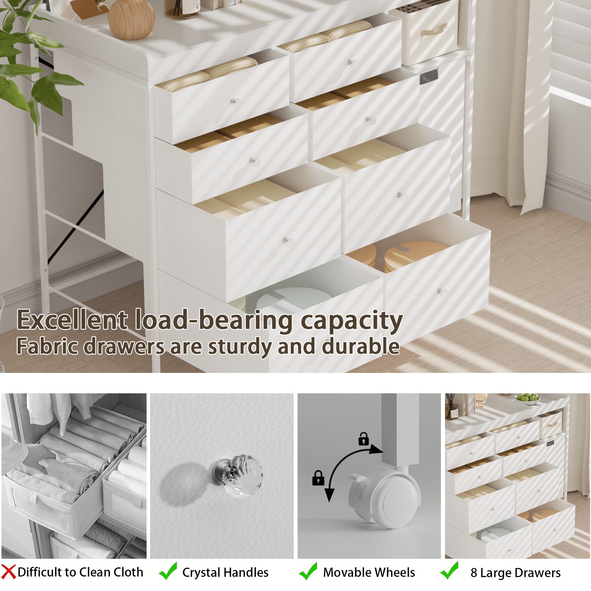 Baby Changing Dresser, 8-Drawer Baby Dresser with Changing Table Top, Easy to Assemble, Mobile Utility Cart with Wheels for NurseryDiaper Changing Station, Mobile Dresser for Nursery, White