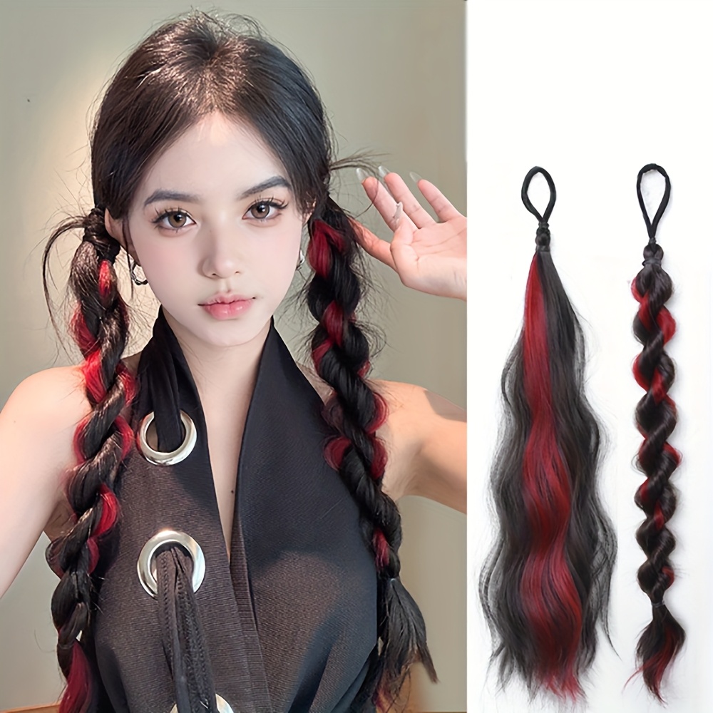 2pcs long wavy highlight color braided ponytail for women synthetic wigs with rubber bands curly ponytail extensions elastic hair band details 0