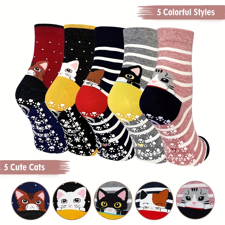 Image of 5 Pairs Non-slip Socks Women Grip Socks Novelty Cat Non-slip Socks Ladies Funny Anti-slip Socks