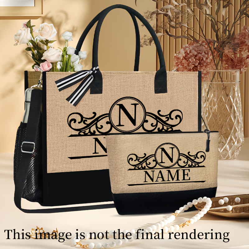 

2pcs Customizable Handbags Set, Personalized Name Printed, Lightweight Coarse Fabric, Solid Color, Portable Shopping & Beach Tote With Cosmetic Bag, No-closure, Black & Turmeric Options