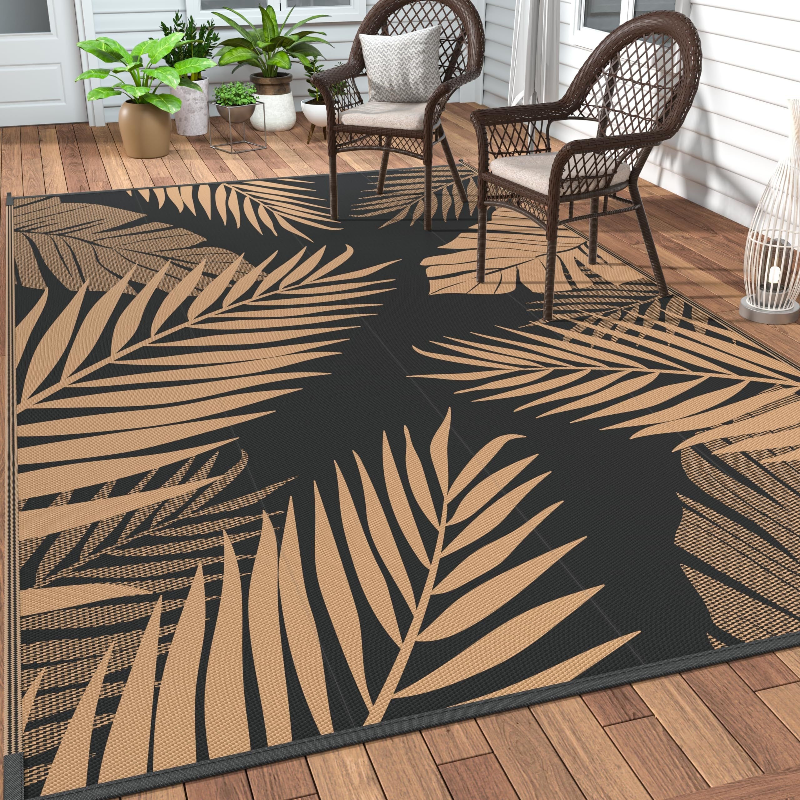 

Outdoor Rug Waterproof For Patios Clearance, Reversible Outdoor Plastic Straw Camping Rug Carpet, Large Area Rugs Mats For Rv, Camper, Deck, Balcony, Porch, Beach, Picnic, Black&brown