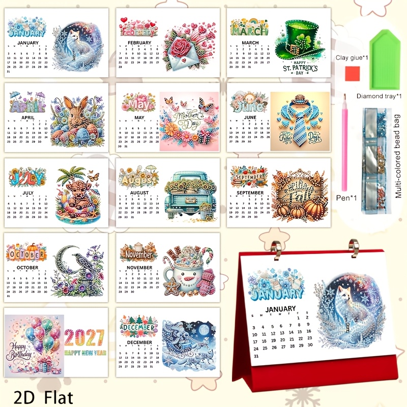 TEMU 1pc 2027 Cute Holiday Pattern Diamond Painting Diy Holiday Series Pattern Calendar, New Year Calendar, Desk Calendar, Tabletop Calendar, Each