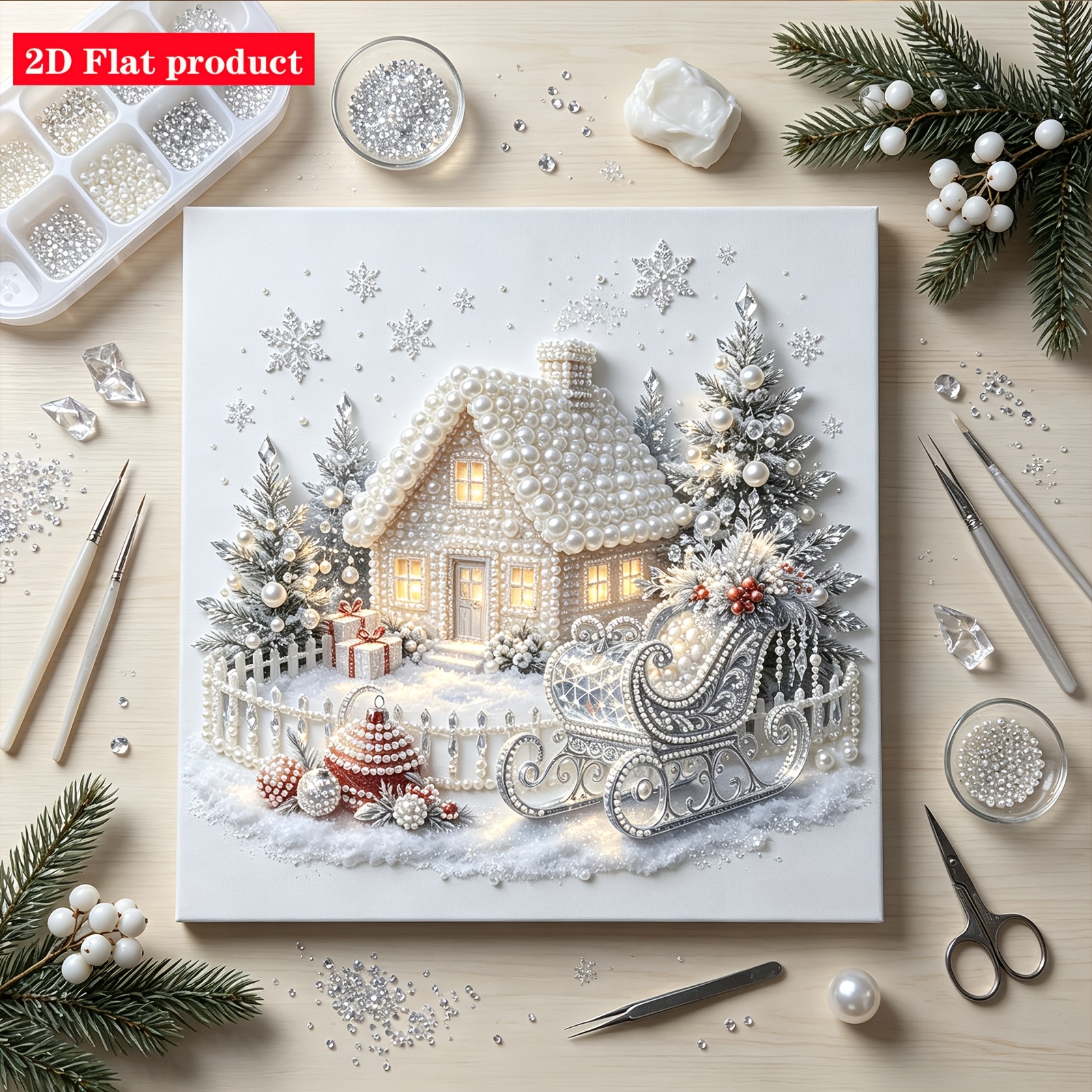 TEMU Silvery White Sleigh Pearl, Christmas Snowy Scene Christmas Tree Gift Diamond, Creative Handmade Gift For Living Room, Diamond Painting Kit,