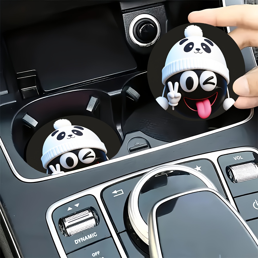 TEMU 2pcs Car Coasters With Panda Wearing A Hat, A Peace Sign And Sticking Out Tongue Print Theme, Non-slip Car Cup Coasters, Fits Cup Holder Size,