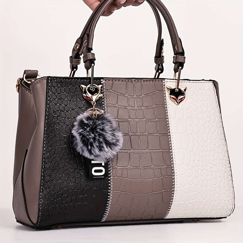 

Classic Colorblock Satchel Bag, Trendy Women's Commuter Handbag With Pom Pom Pendant Decor