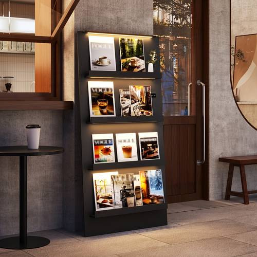 Magazine Rack with 3-Color LED, 4-Tier Organizer Shelf, CD Storage Rack, Media Shelves for CD Holder, Books, Games, Book Shelf for Living Office (Brown)