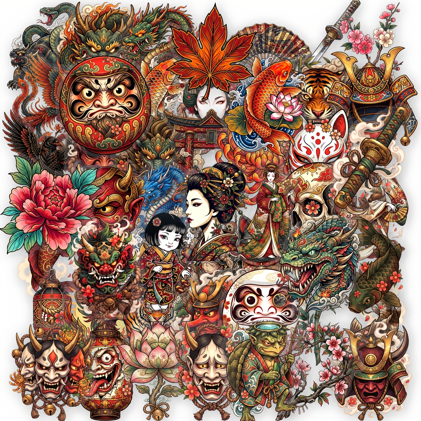 TEMU 50pcs Retro Tattoo Style Japanese Aesthetic Stickers, Tiger Floral Illustrations, And Scratch-resistant For Skateboards, Motorcycles, Computers