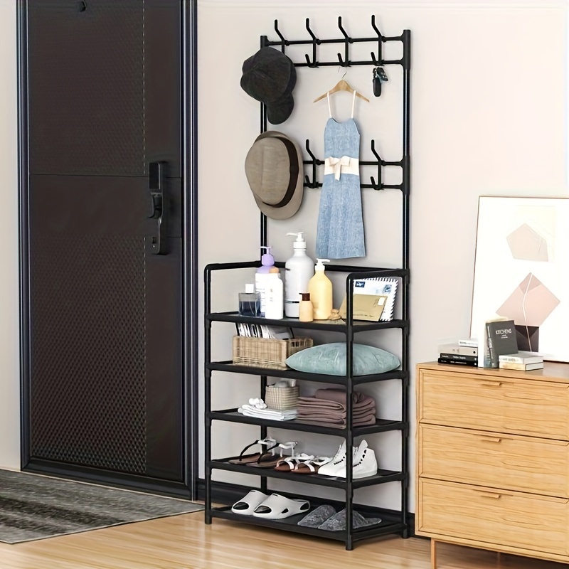 1pc metal multi layer free standing rack with shoe storage bench 59 44 height ideal for coats hats and garment organization perfect for rental housing and indoor use self assembly required