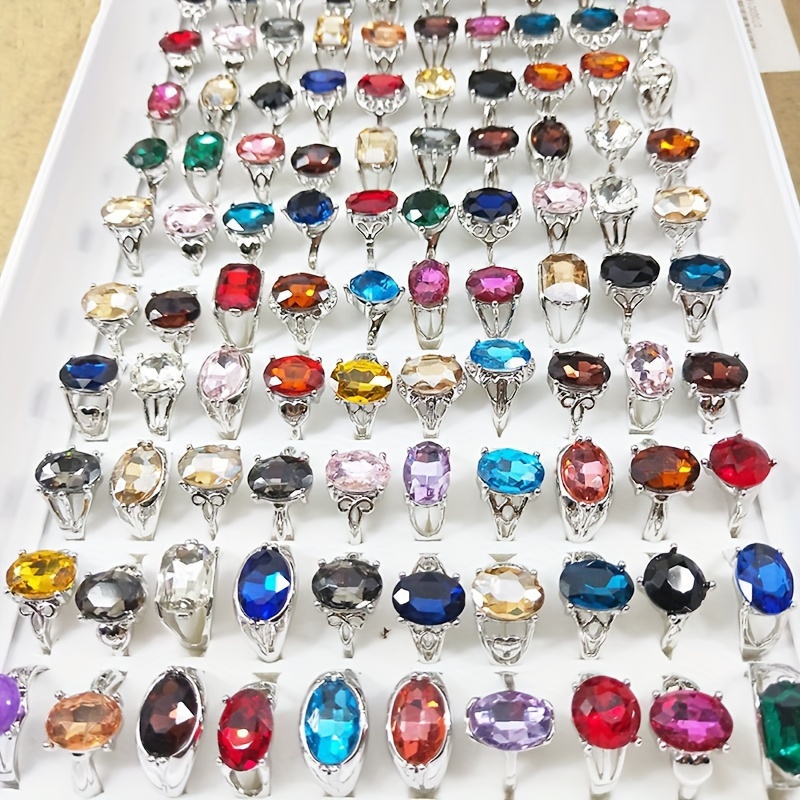 

25/50pcs Colorful Synthetic Gemstone Glass Rings, Women's Fashion Jewelry, Simple Style, Alloy, Assorted Colors Stackable Rings 16-20mm Random