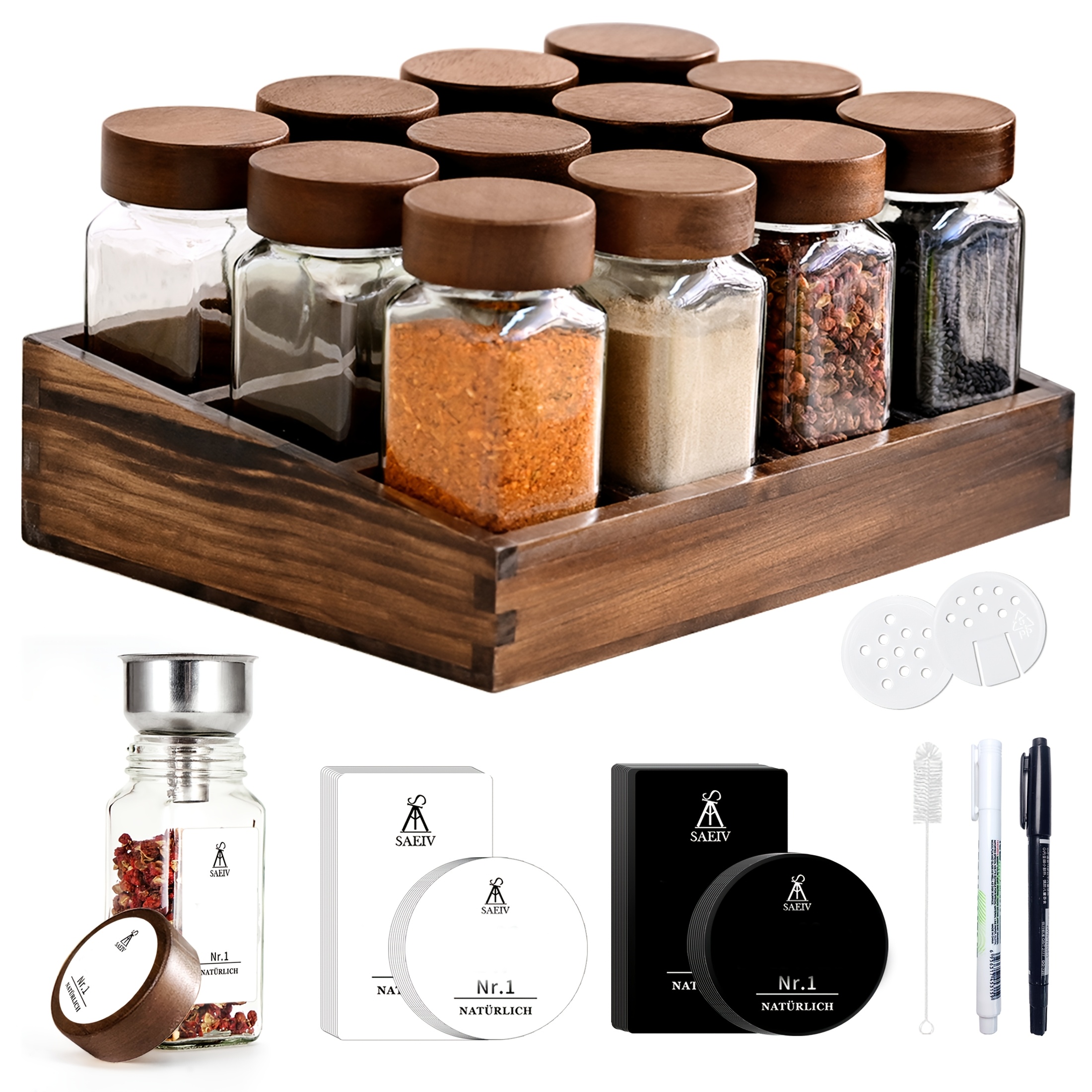 Saeiv Wooden Spice Rack With 12/24 Spice Jars, Spice Rack Cabinet Set Includes Square Spice Jars And Labels, Wooden, Suitable For Tidy And Organized Kitchen Spices
