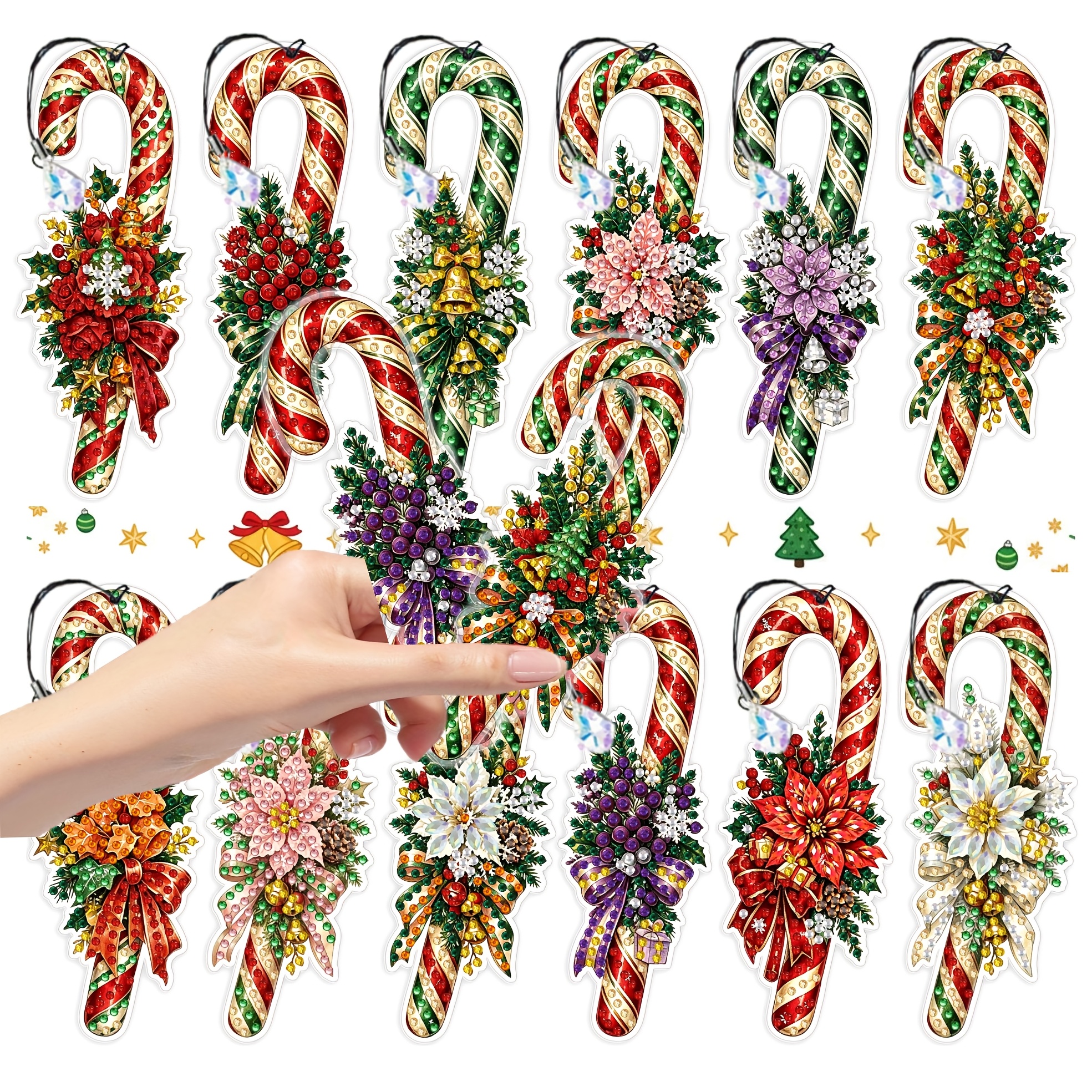 TEMU 12pcs Set Of Christmas Cane Shaped Diamond Painting Bookmarks, Each Cane Comes With Rich Christmas Floral Decorations, Full Of Christmas
