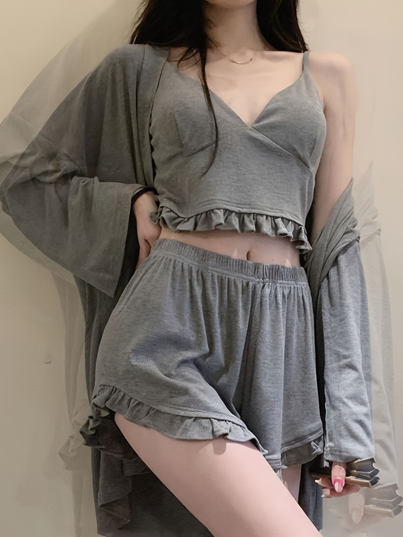 womens summer short sleeve pajamas set with a camisole and chest pads three piece sleepwear ensemble Product details 4