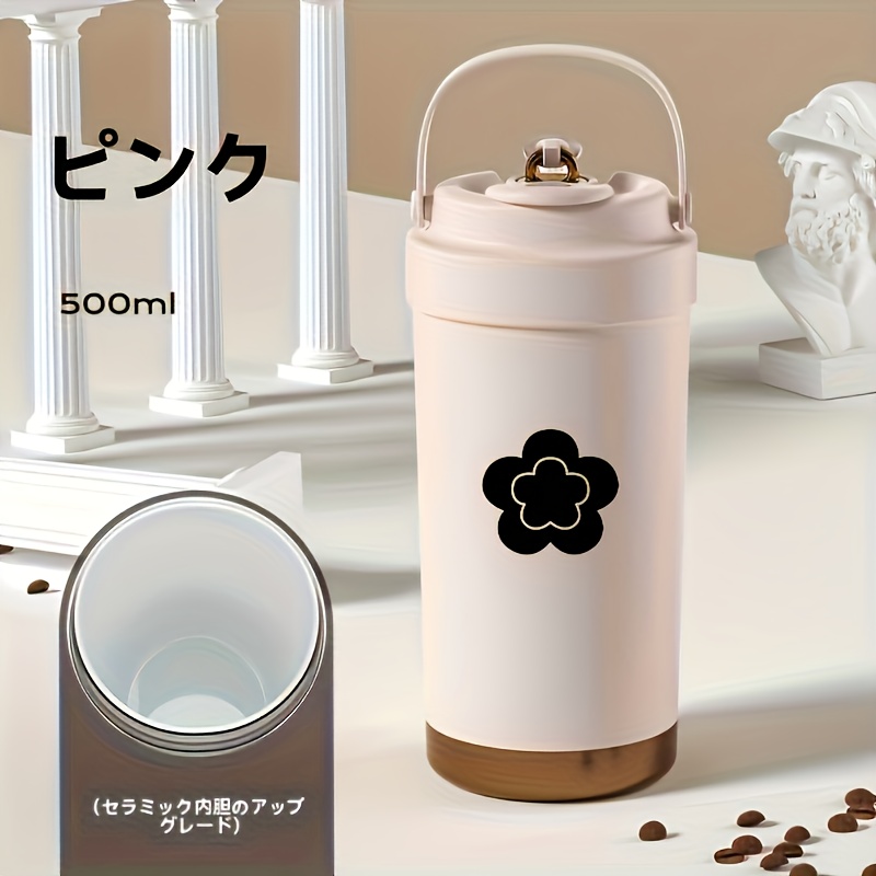 TEMU な二重構造セ魔法瓶カップ、ポータブルカー用コーヒーマグ、ハンドルとストロー付きの豪華大容量ウォーターボトル