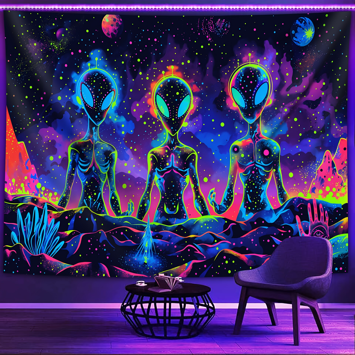 Three Mysterious Aliens Glow In Uv Light Aesthetic Wall Tapestry_voghion.com