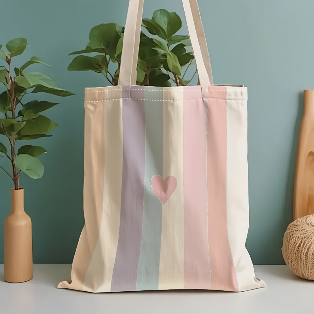 TEMU 1pc Large Capacity Tote Bag With Multicolor Geometric Horizontal Stripe Pattern - Durable Suitable For Picnic, Travel, Shopping, Parties, Casual