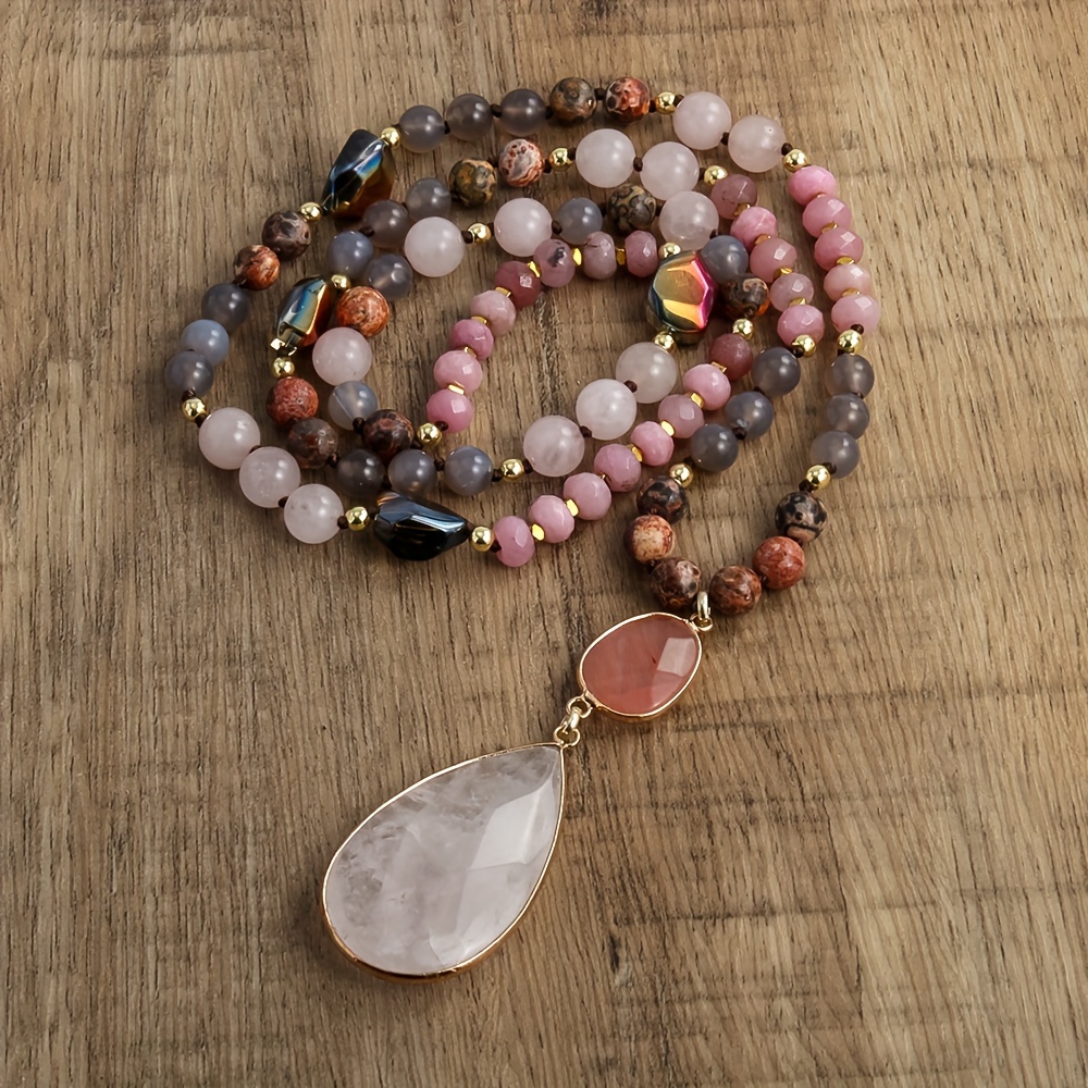 TEMU Spring And Summer New Bohemian Style Women's Jewelry Natural Mixed Color Knot Necklace Natural Stone Pendant Necklace Sweater Chain