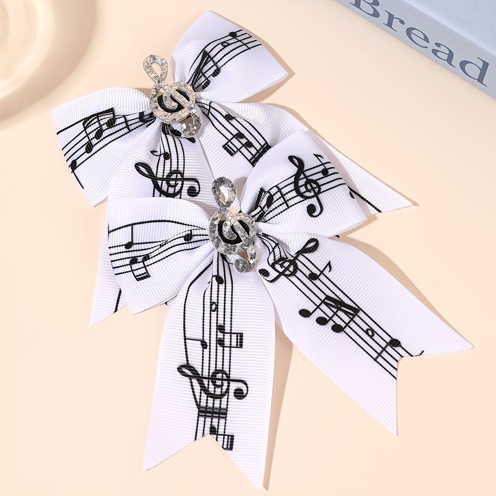TEMU 2pcs Exquisite Music Themed Bow Hair Clips Mixed Staff & Piano Key Print Hair Barrettes For Ladies Chic Sequins Note Decor Headpieces Elegant