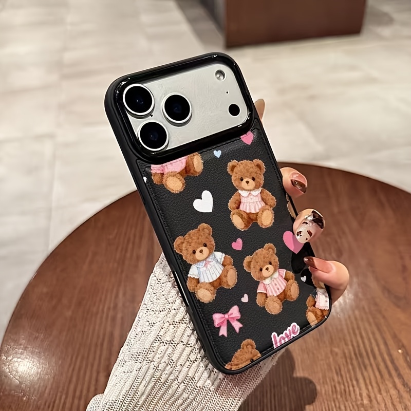 TEMU Phone Case: 1pc Fashion Bow Bear Pattern Phone Case, Featuring And Lychee Texture. Full-coverage Shockproof And Drop-resistant Protective Case