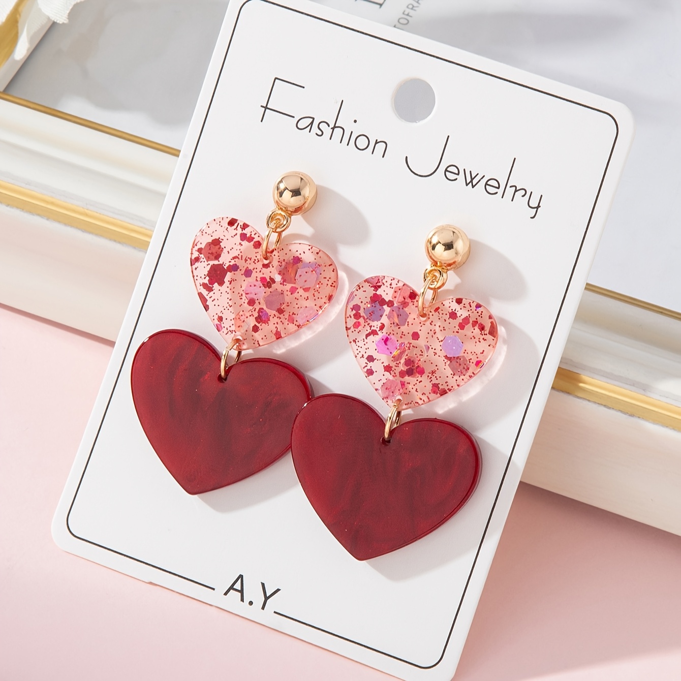 

1 Pair Elegant Acrylic Heart Drop & Dangle Earrings With Sequins, Alloy Post, Perfect Valentine's Day Gift For Women, Party And Jewelry, Romantic, Red