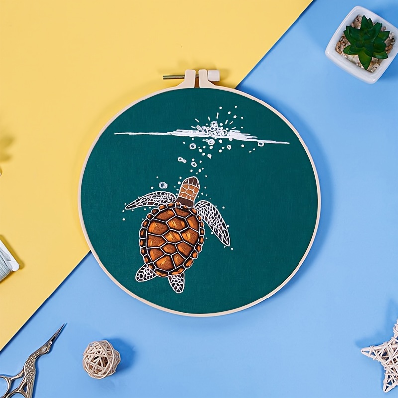 

Beginner's Embroidery Kit - Cartoon Turtle Design, 11.8x11.8in, Complete Set With Hoop, Needles, Thread & Instructions - Diy Craft Lovers, Ideal Day Or Easter Gift