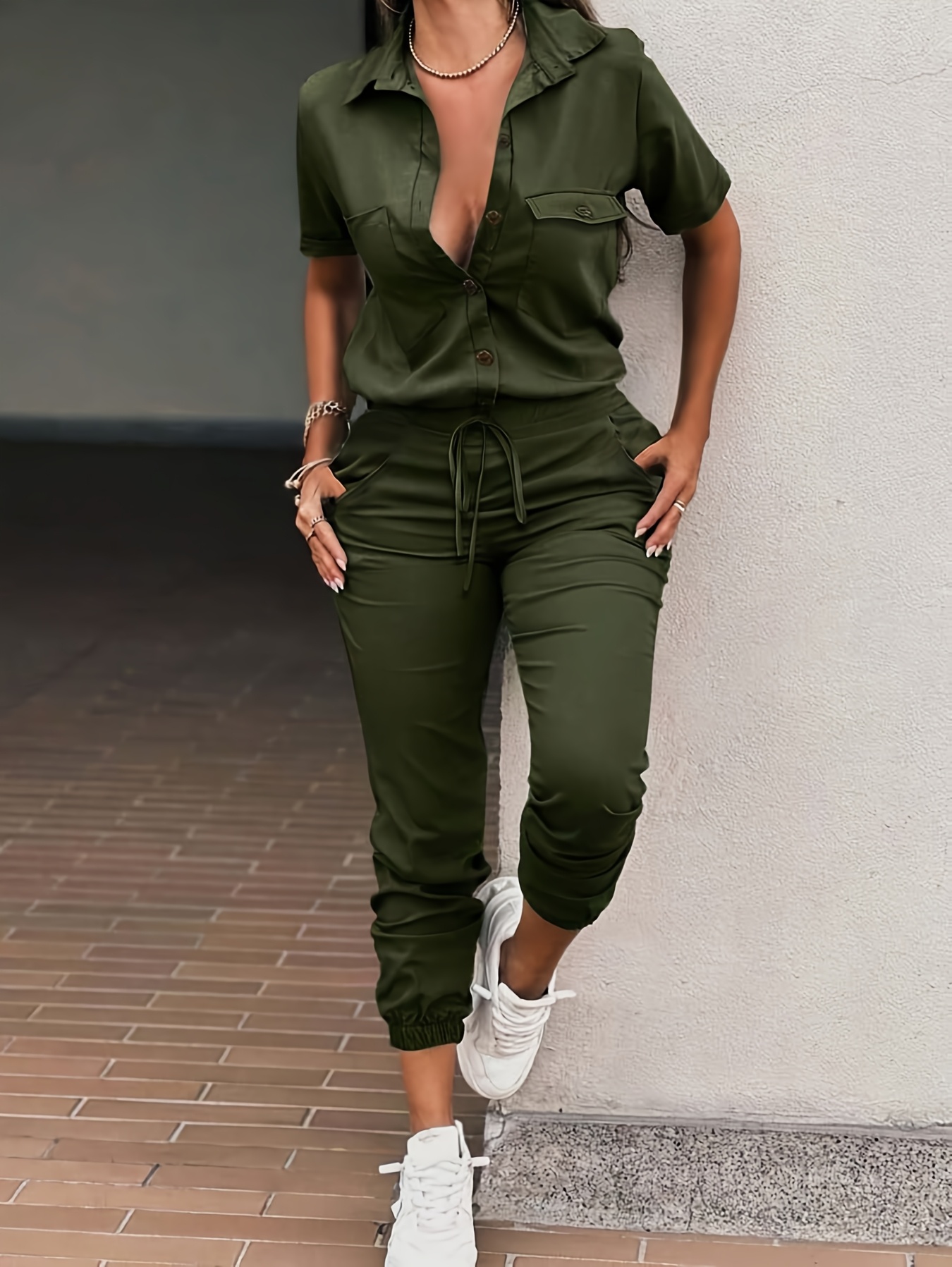 women's olive green casual short sleeve jumpsuit regular fit