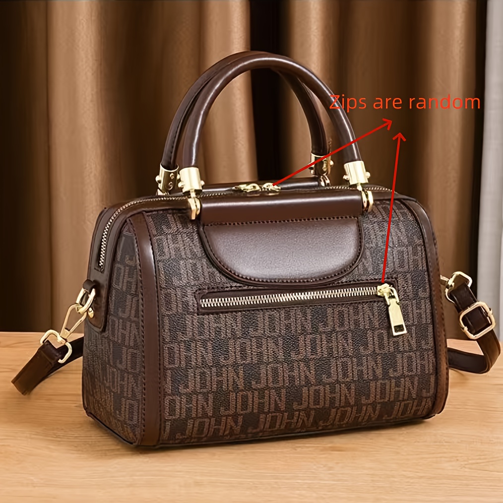 Designer-Inspired Boston Handbag for Women, Large Capacity Shoulder Bag with Zipper Closure, Polyester Lined, Painted Edges, Fashionable Versatile Crossbody Purse for Mature Ladies