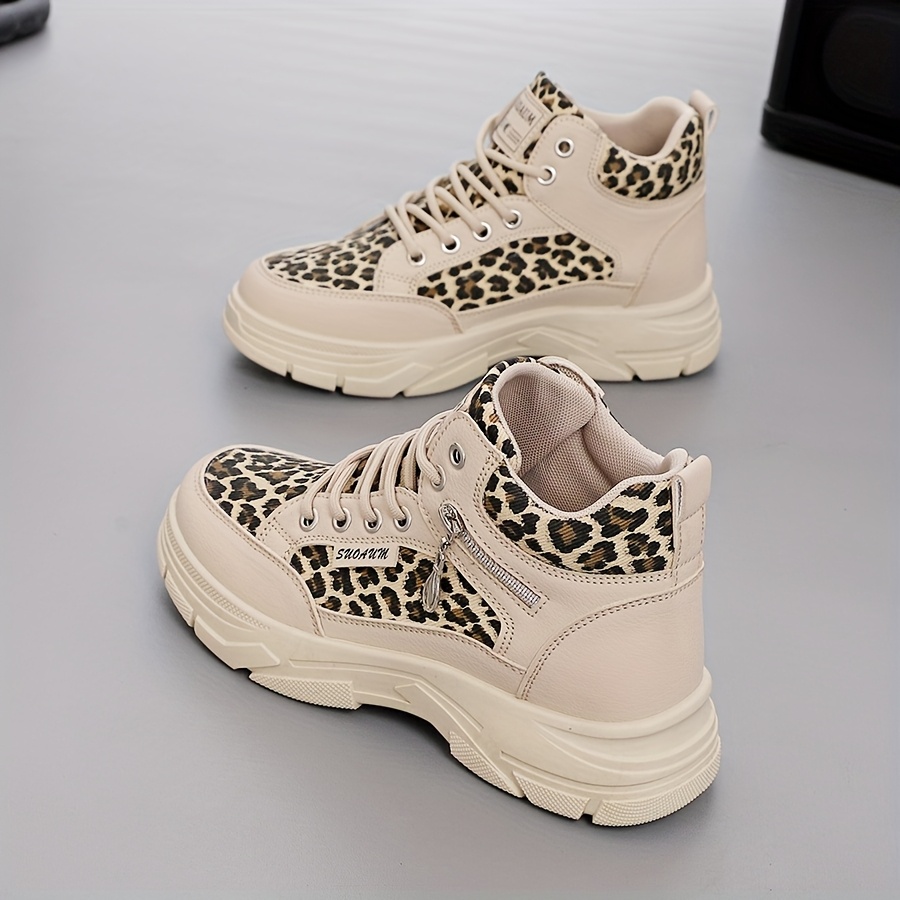 Damen Sneaker mit Leopard/Muster Weiß, hohe Sohle, dickes Sohlmaterial  Stilvolles Reißverschluss-Design, lässige Schuhe, TPU-Outsole,