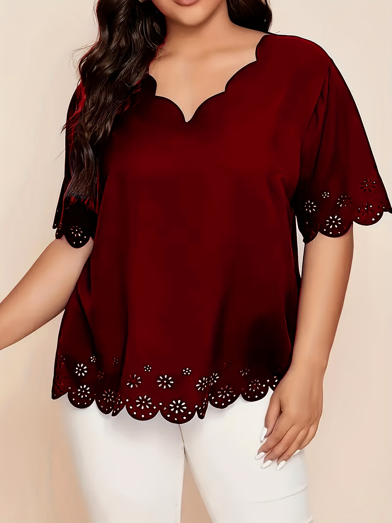 Plus Size Elegant V-Neck Blouse with Short Puff Sleeves - Navy Blue, Lace Embroidery Detail, Non-Stretch Fabric, All-Season Shirt for Women, Casual Attire|Vneck Blouse|Lace Embroidery