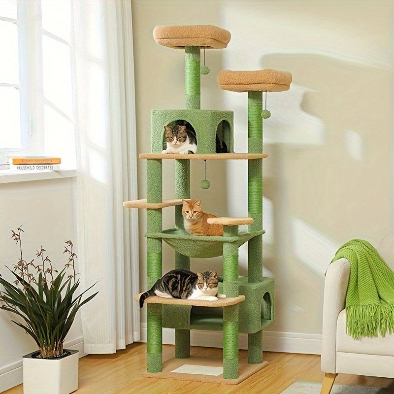 72.4 inch large indoor with multiple levels of cat towers and catch columns featuring 2 2 small wooden cabins hammocks and 2 plu