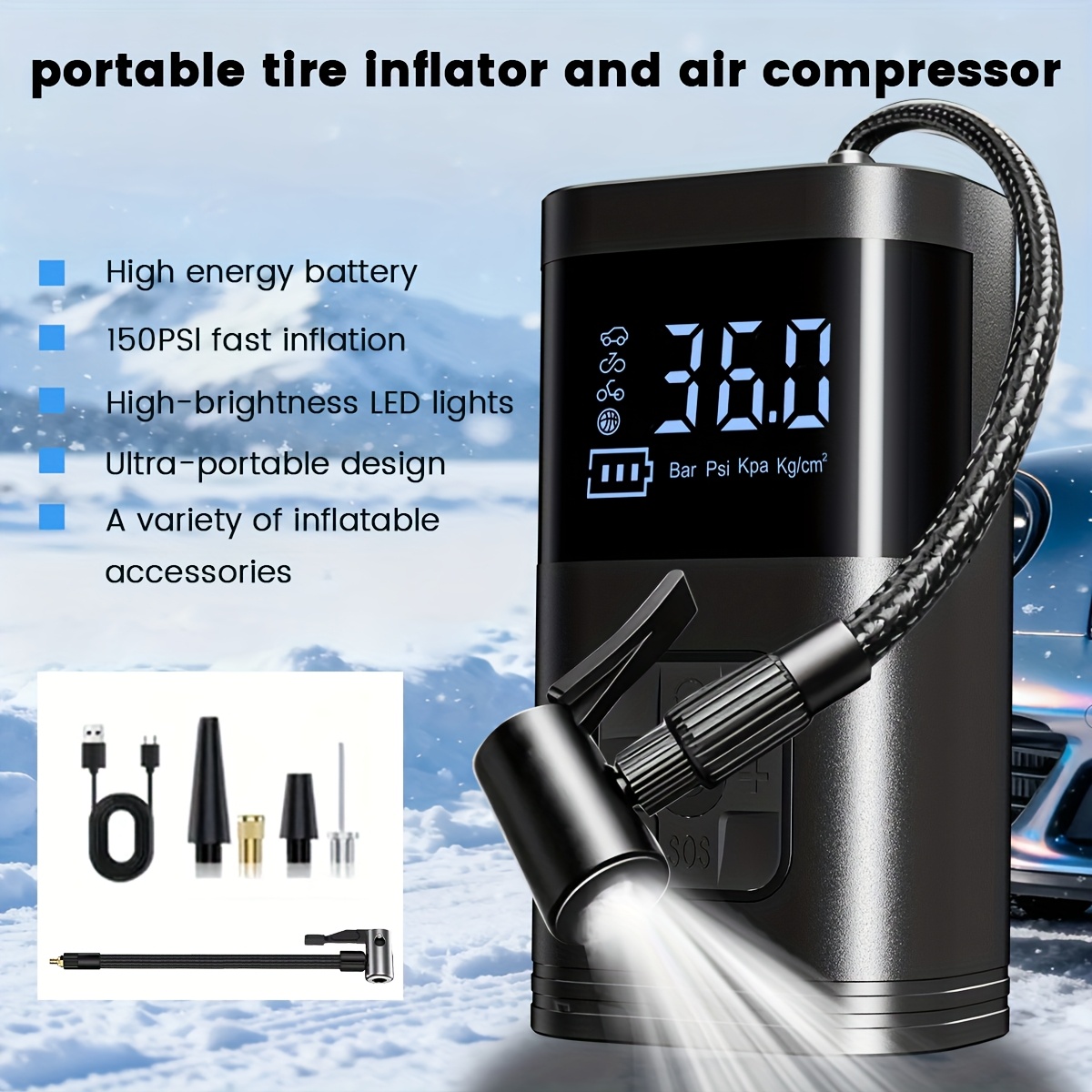 TEMU Portable Air Compressor Tire Inflator, Super Strong Inflation Performance, Equipped With Led Lights And Additions, Automatic Tire Pressure