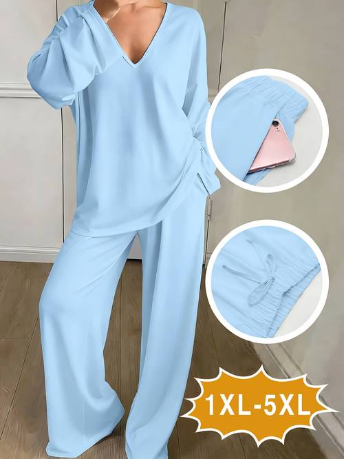 2pcs plus size womens pajamas loose casual comfortable easy solid long sleeve long pants plus size womens pajama set