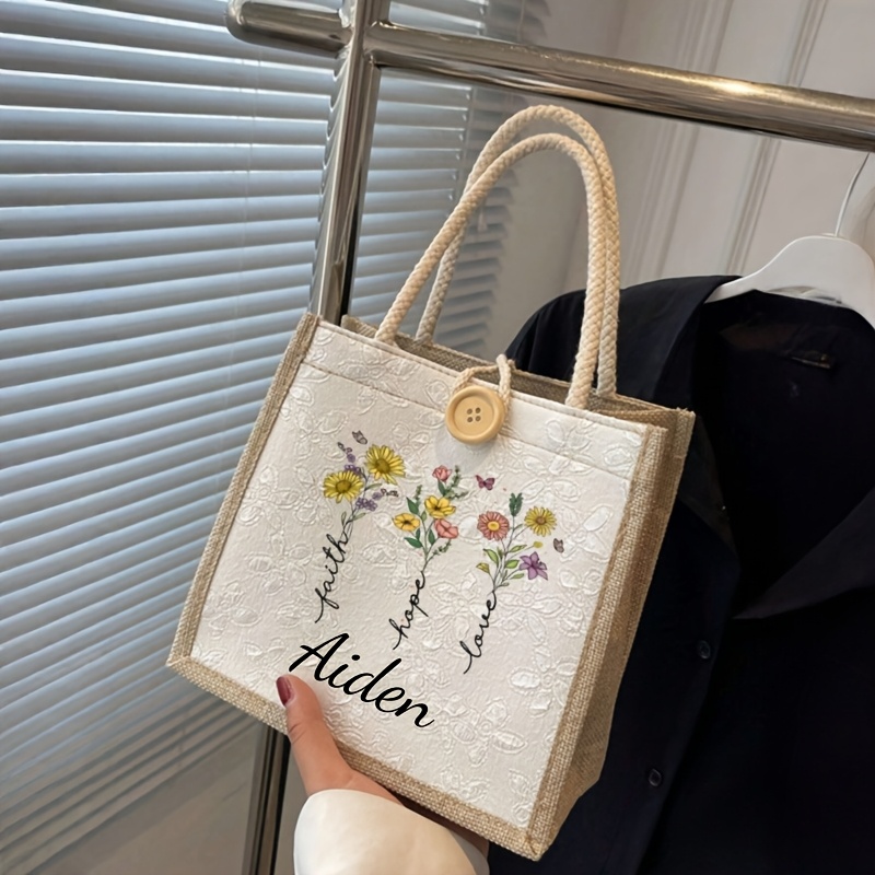 TEMU 1pc Back-to- Personalized Customizable Name Or Holiday Greeting Women's Tote Bag, Featuring An Inspirational Floral Print Design With The
