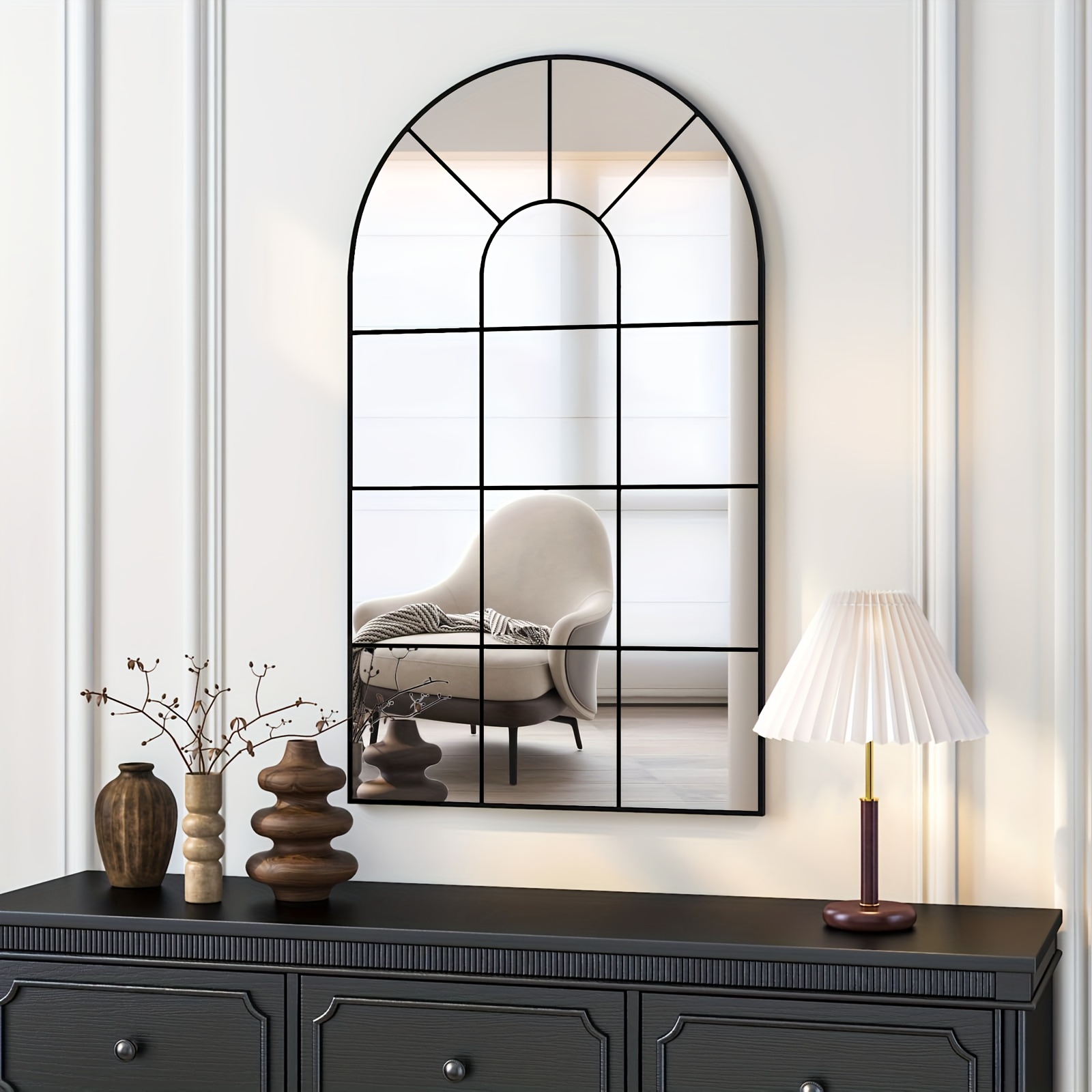 Image of Cassilando Arched Wall Mirror, 42"x24" Arched Window Mirror Decorative Wall Mounted, Black Frame Window Mirror Rustic Arch Mirror For Living Room Bedroom Entryway