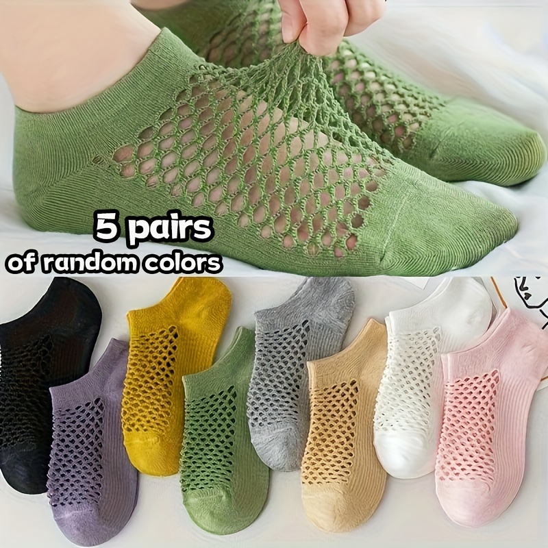 

5 Pairs Women's Breathable Ankle Socks, Assorted Colors, Mesh Hollow Out, Invisible Boat Liner, Short Socks