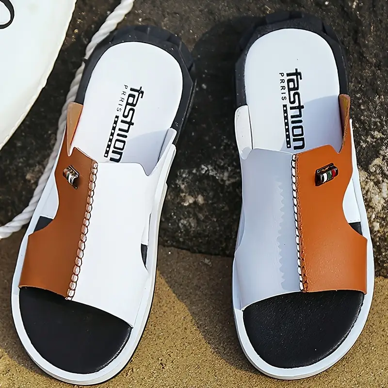 mens color casual slides with microfiber leather casual non slip open toe for indoor outdoor walking spring and summer details 2